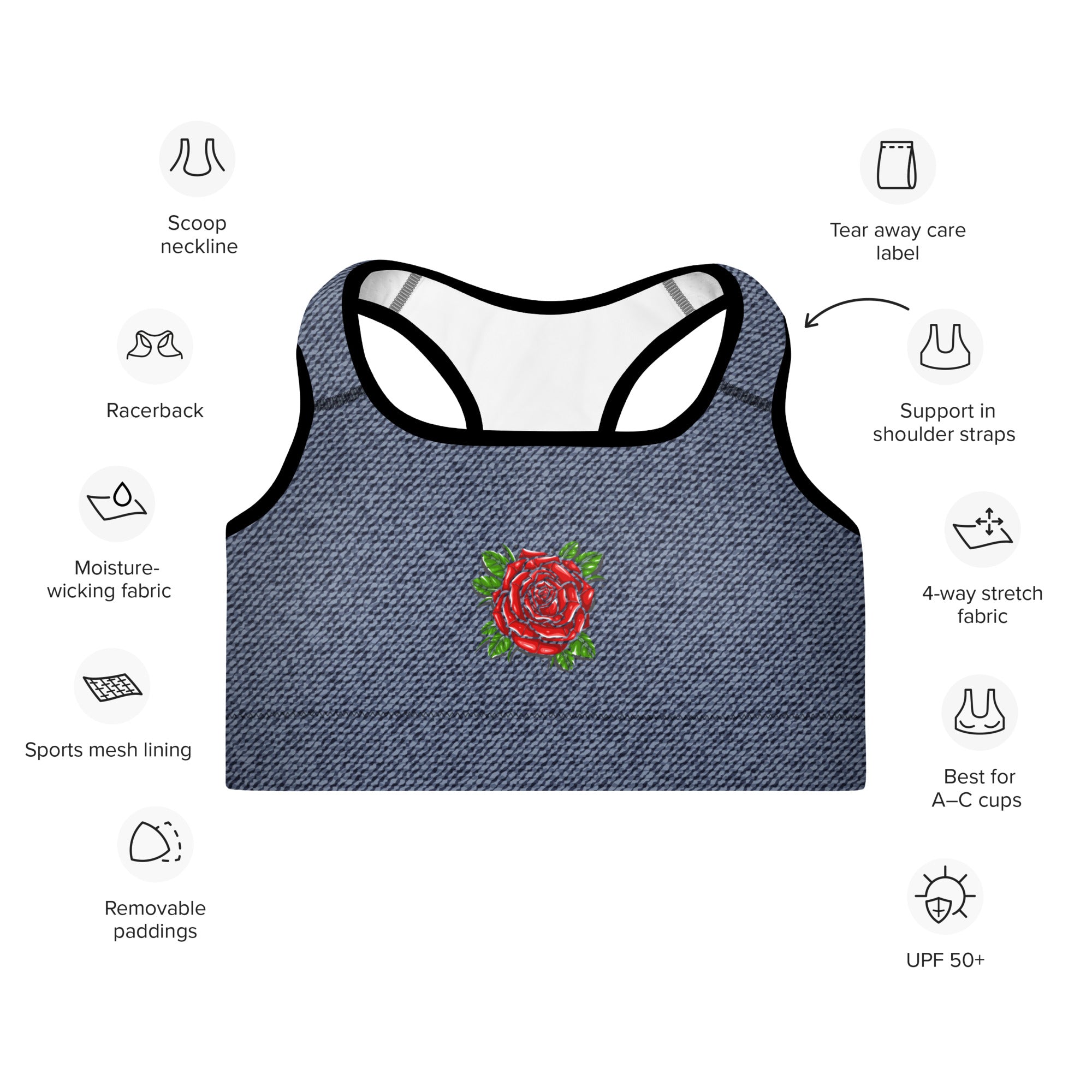 Blue Denim Rose Sports Bra